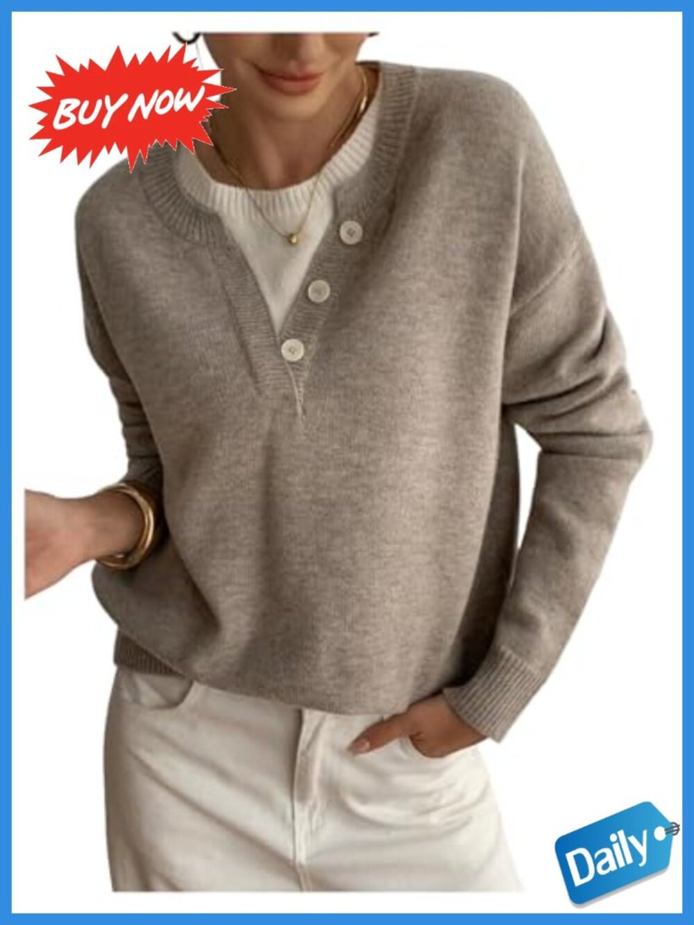 Women's Henley Pullover Sweater Long Sleeve Business Casual Top